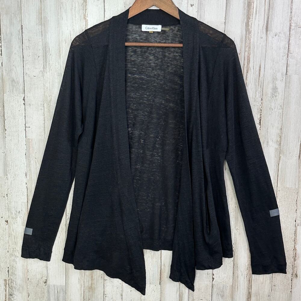 Calvin Klein 100 Linen Open Cardigan Size Medium Black Minimalist Whimsygoth EUC